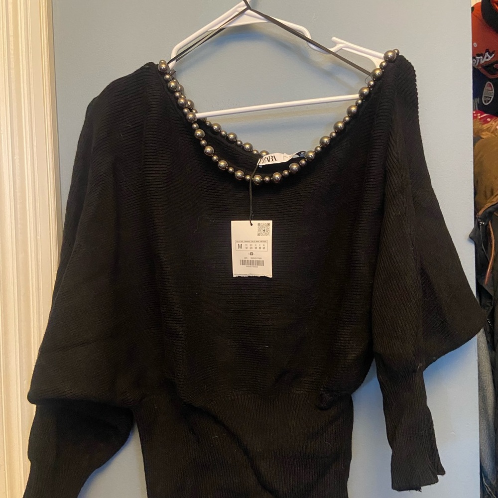 NWT Zara Black Off-Shoulder Pearl-Trim Sweater